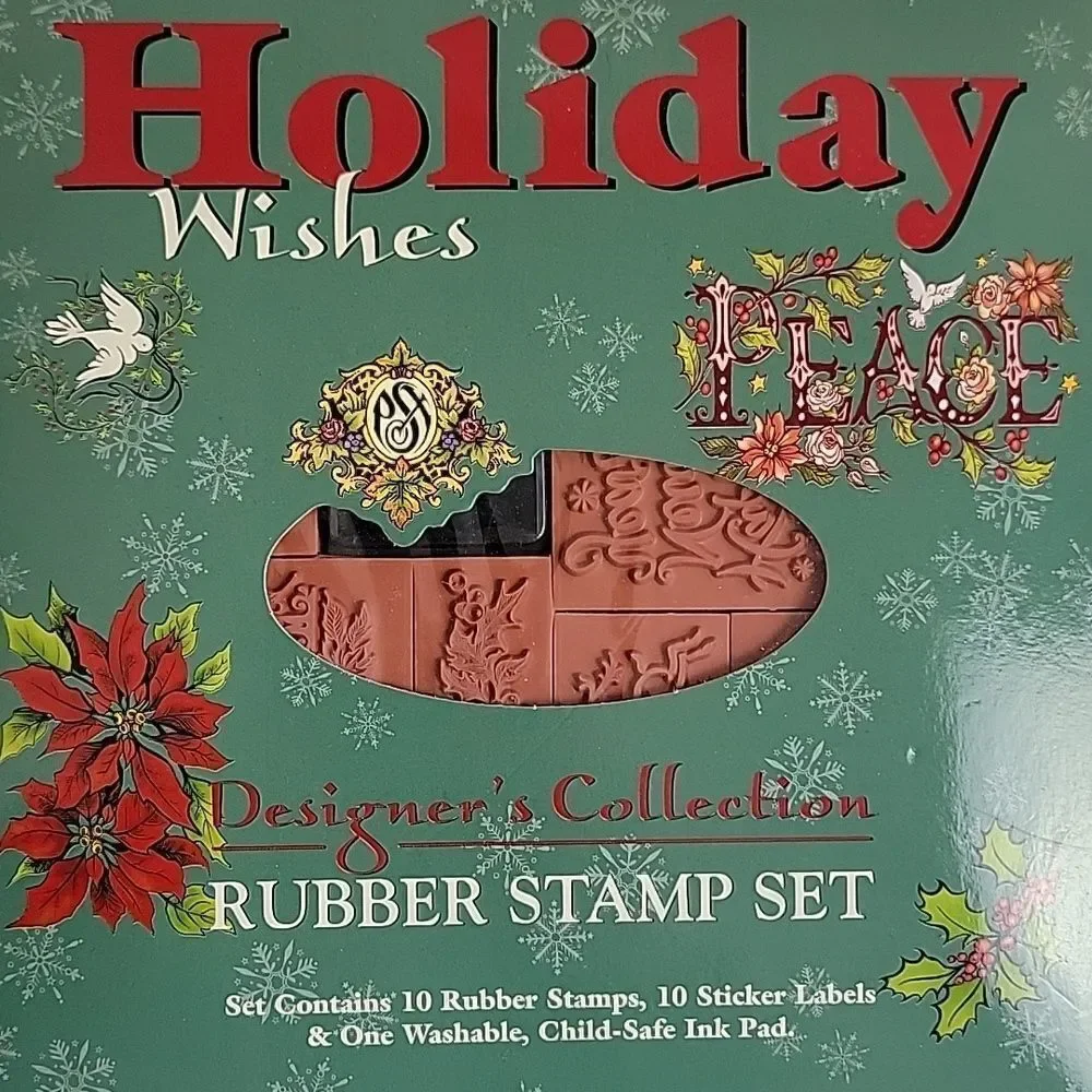 Holiday wishes rubber stamp set plus extra craft supplies bundle of 6 items